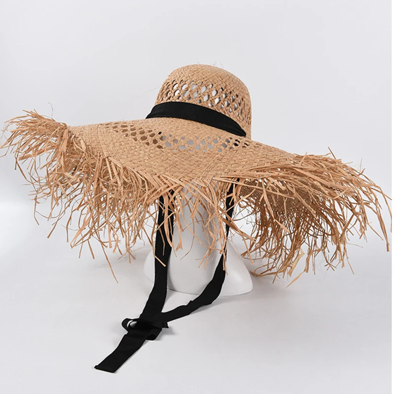 

Wholesale 8 Colors Raffia Big Beach Hats For Women Wide Brim Sun Hat ladies Hollow Breathable Summer Cool Straw Hat S1118