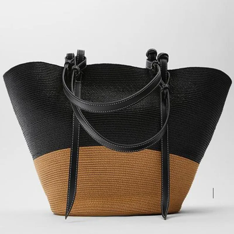 

New straw bag woven color stitching basket large capacity hand-woven bag female bag fashion seaside beach vacation Shoulder bag