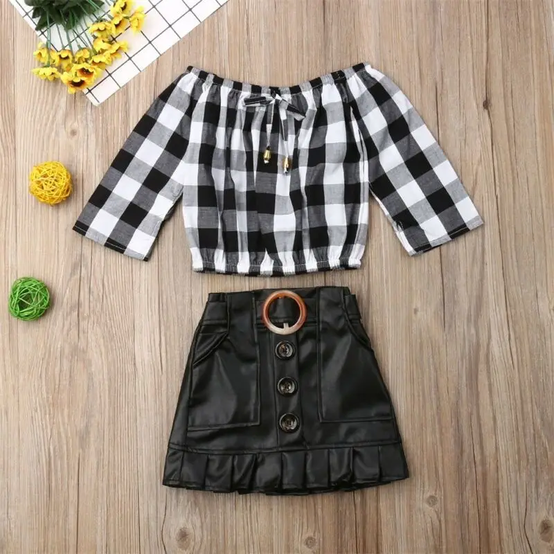 2 шт. клетчатые Топы с длинным рукавом и юбка|Комплекты одежды для девочек| |