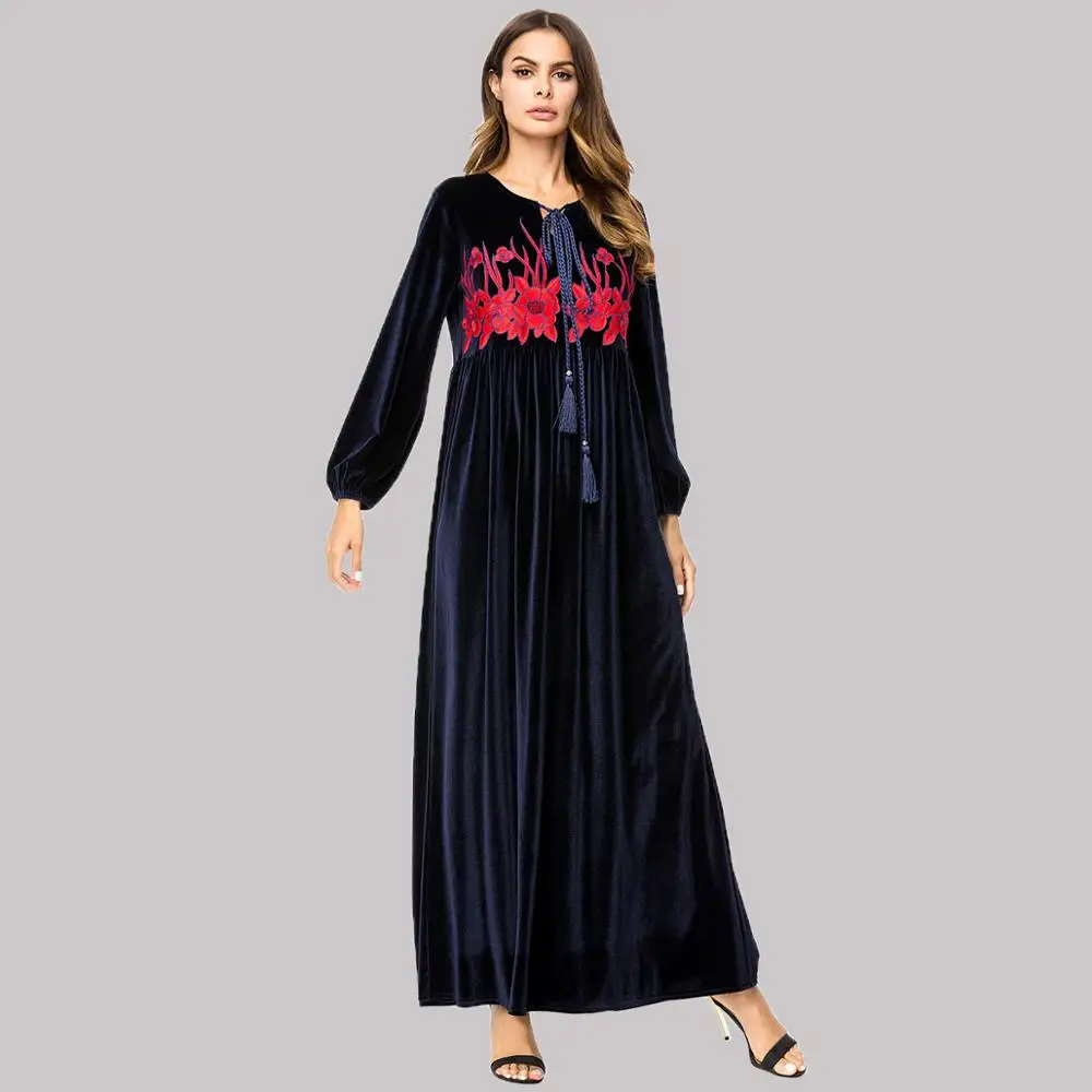 Женское бархатное платье макси с вышивкой длинным рукавом|Женские платья| |