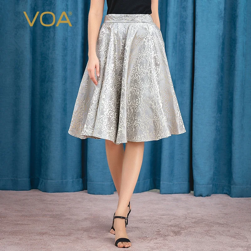 

VOA Silk Yarn-dyed Jacquard Brocade Fancy Luxurious Mid-waist Large Swing Round Umbrella Style Skirt C331 Faldas Mujer Moda 2021