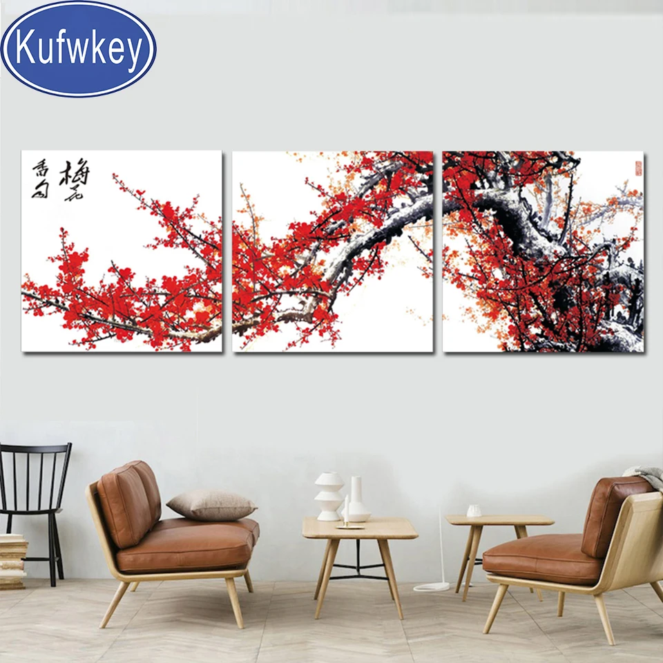 

Diy 5d Diamond mosaic Triptych Red Plum Blossom Flower Photo diamond painting full square round Diamond Embroidery sale decor