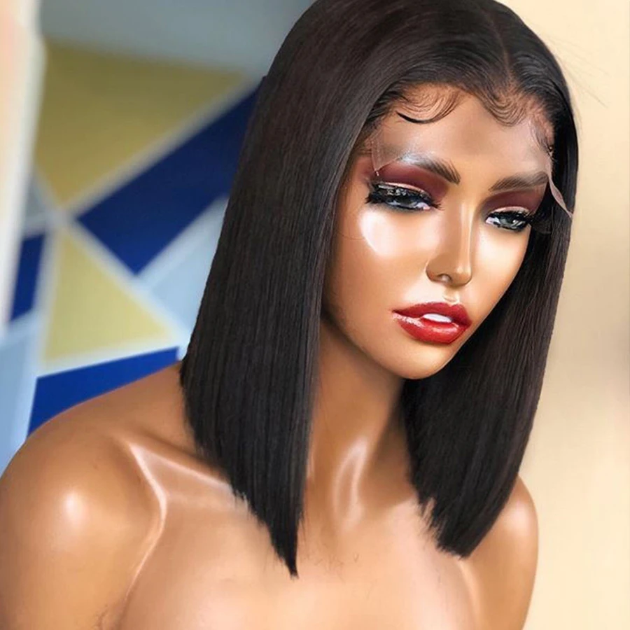

Synthetic Blunt Short Bob Silky Straight Lace Front Wig for Black Women With Babyhair Natural Hairline Middle Part Daily Cosplay