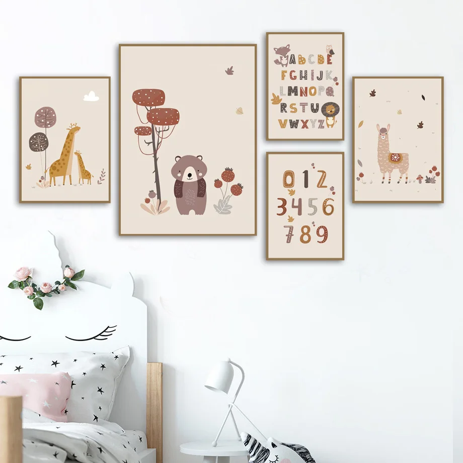 Жираф лама крокодил медведь Алфавит настенная живопись холст скандинавские