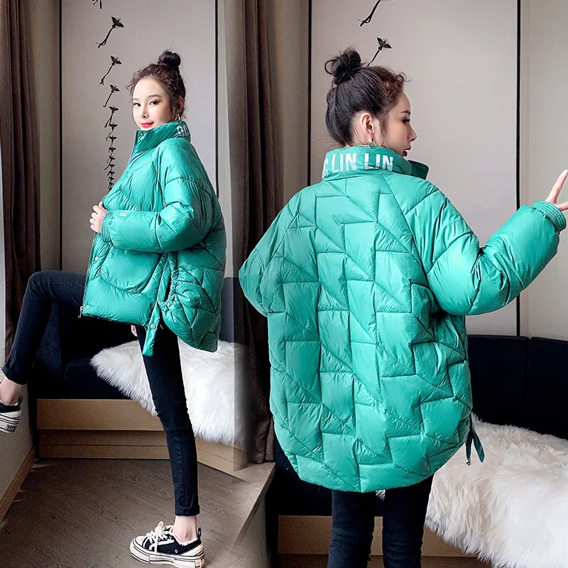 

Women Short Winter Jacket Stand Collar Glossy Bakery Windproof Down Coat Oversize Cotton padded Parkas