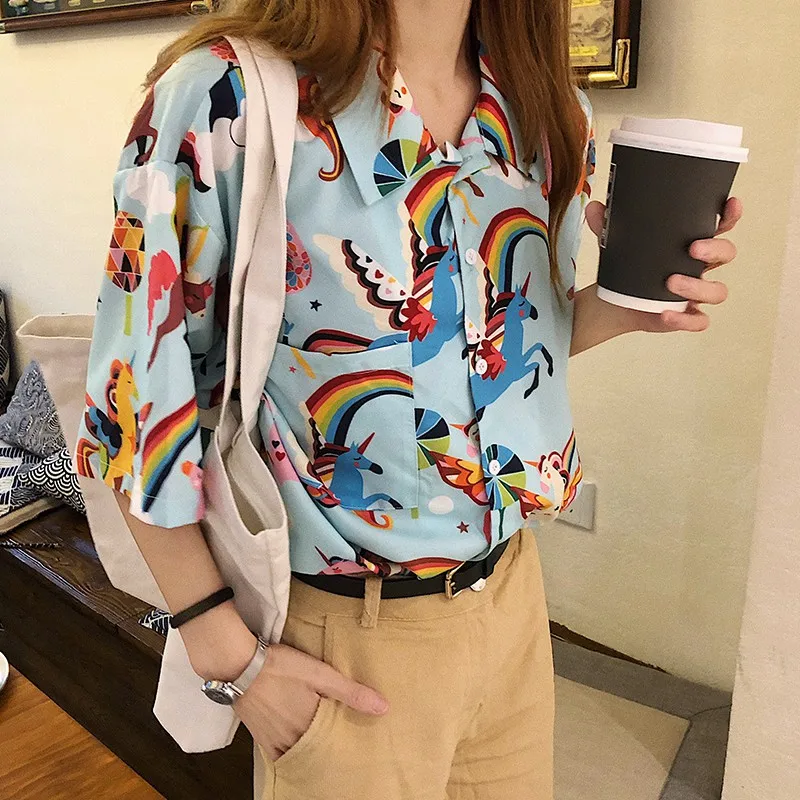 

Chic Printed Loose Shirt Female Korean Harajuku Cute Women's Shirts Ulzzang Japanese Kawaii Ladies Vintage Clothes For Women