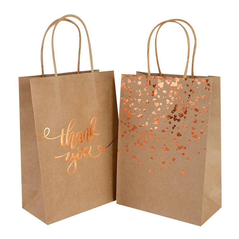

6Pcs 21cm Kraft Paper Bags Thank You Heart Bronzing Gift Packaging Bag Thanksgiving Wedding Birthday Guest Christmas Present Bag