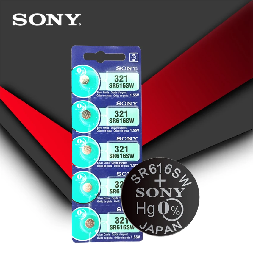 

5 шт. Sony 100% оригинальный 321 SR616SW 1,55 V Серебряный оксид, часовая батарея SR616SW 321, Кнопочная монетница, сделано в Японии