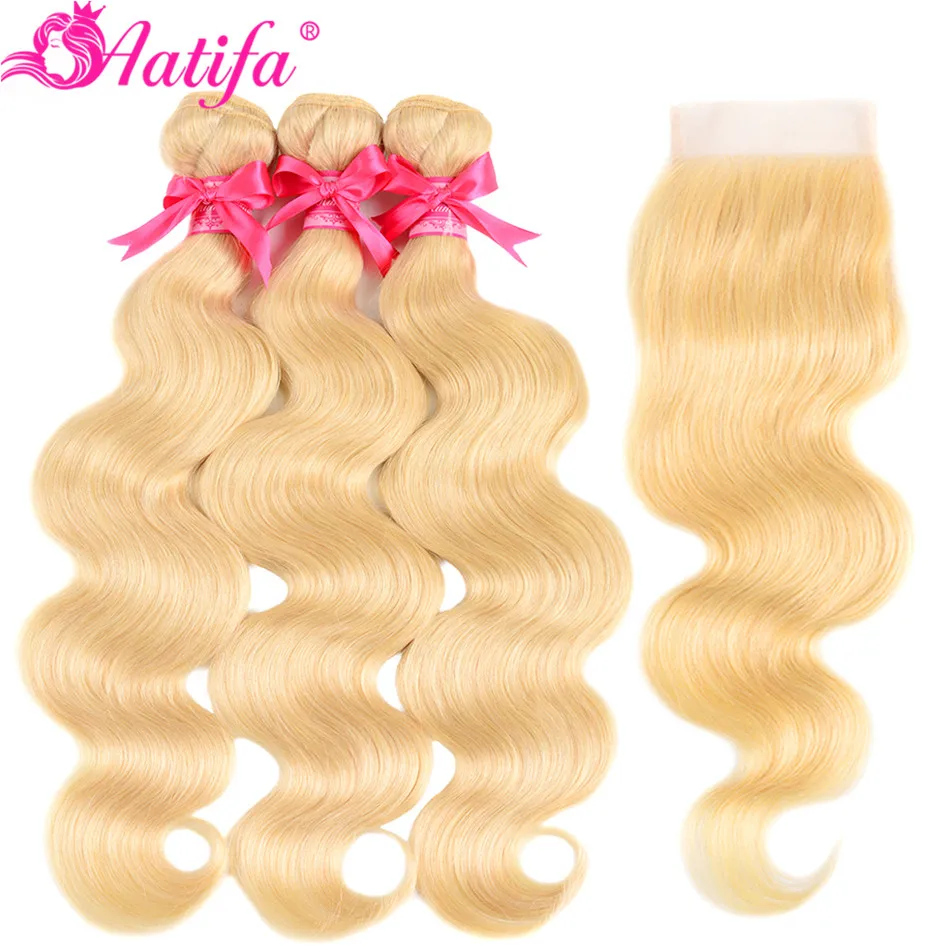 613 блонд пучки с закрытием бразильские волнистые 100% Remy человеческие волосы 3