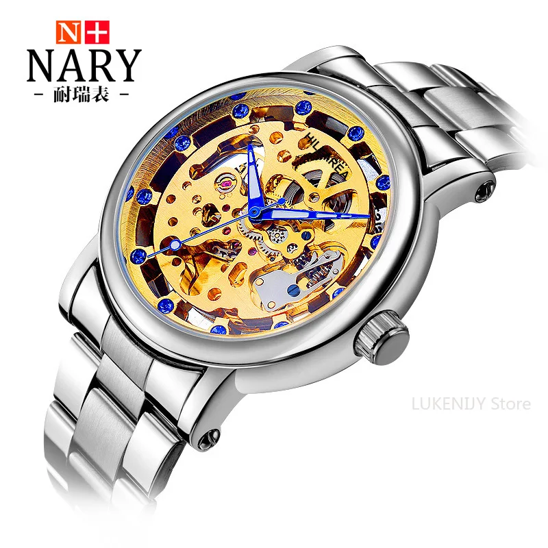 

NARY Colouring Women Mechanical Watch Roman Lettering Bezel Gold Clouds Engraving Skeleton Automatic Self Wind Ladies Wristwatch