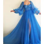 Вечерние платья в арабском стиле, трапециевидного синего цвета, элегантное вечернее платье для выпускного, из Дубая, тюль с длинным рукавом