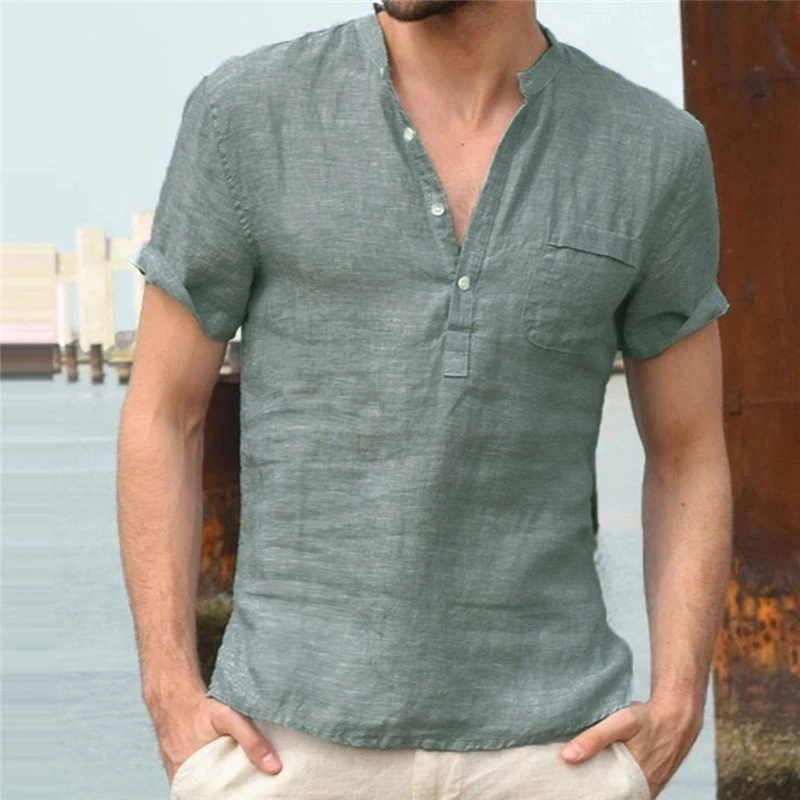 

T-shirt men's slim fit cotton linen short-sleeved basic casual buttons men