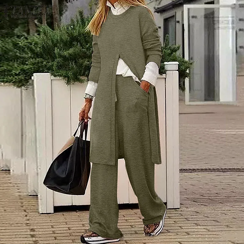 

ZANZEA Elegant Women Casual Street Pant Suits Autumn Solid Matching Sets Femme Long Sleeve O-Neck Top Wide-Legging Trouser 2PCS