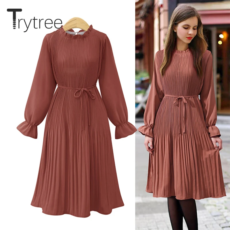 Trytree 2020 весеннее женское платье повседневное плиссированное с расклешенными