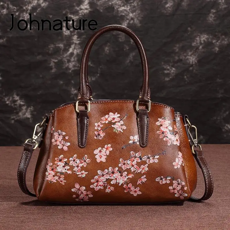 

Johnature Genuine Leather Women Bag Retro Luxury Handbag 2022 New Hand Painted Floral Casual Tote Nature Cowhide Shoulder Bags