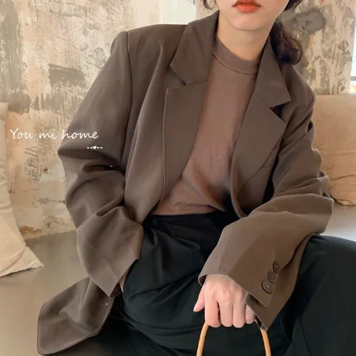 Dark Brown Корейский стиль, женские блейзеры больших размеров, винтажный черный пиджак и куртки, Femme casual Chaqueta Mujer Blazer Feminino - Цвет: Dark Brown