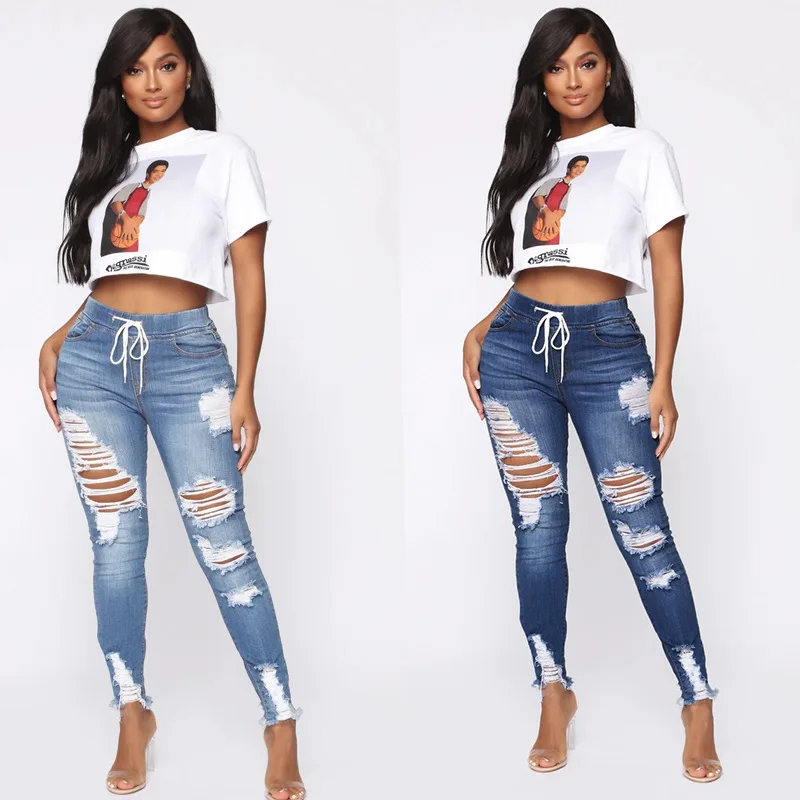 

European and American Spring Elastic Waist High Waist Ripped Holes Slim Slim Feet Lace Trousers Women Jeans