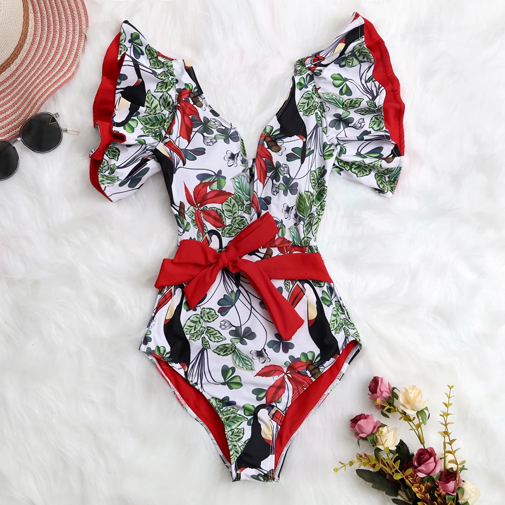 

2021 New Sexy Ruffle Print Floral One Piece Swimsuit Off The Shoulder Swimwear Women Solid Deep-V Beachwear Bathing Suit Monkini