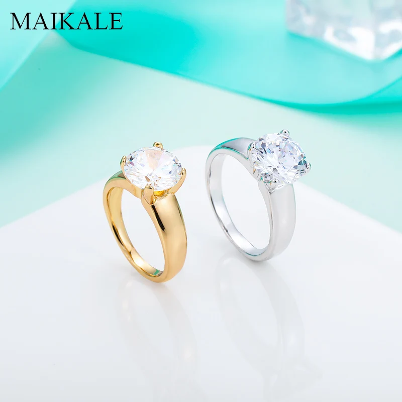 Женские глянцевые кольца MAIKALE круглые позолоченные с фианитом/медь/высокое