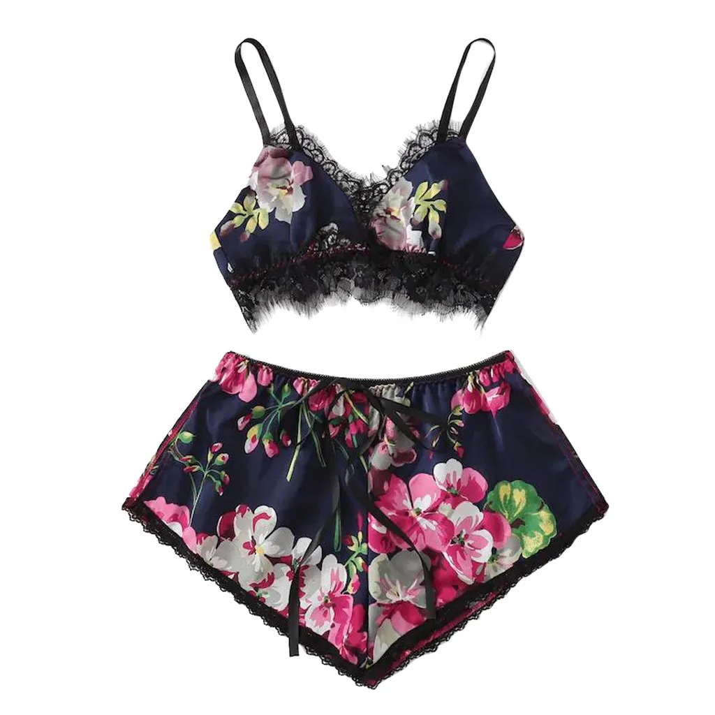 

Women Floral Lace Satin Trim Floral Bow Lingerie Set Pajamas Babydoll Women 2019 Summer Sexy Ladies Bra And Panty Underwear Set