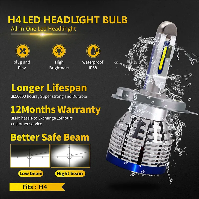 Мотоцикл LED 6000K фары лампы фар Противотуманные L12-H4/9003 Hi/Lo луч для Honda Goldwing 1500 1988-1997