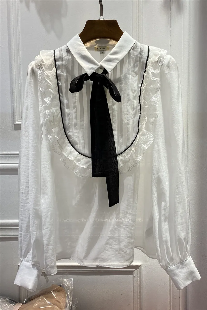 

silk bowknot loose cotton shirt 2021 spring new niche design ribbon bow collar shirt