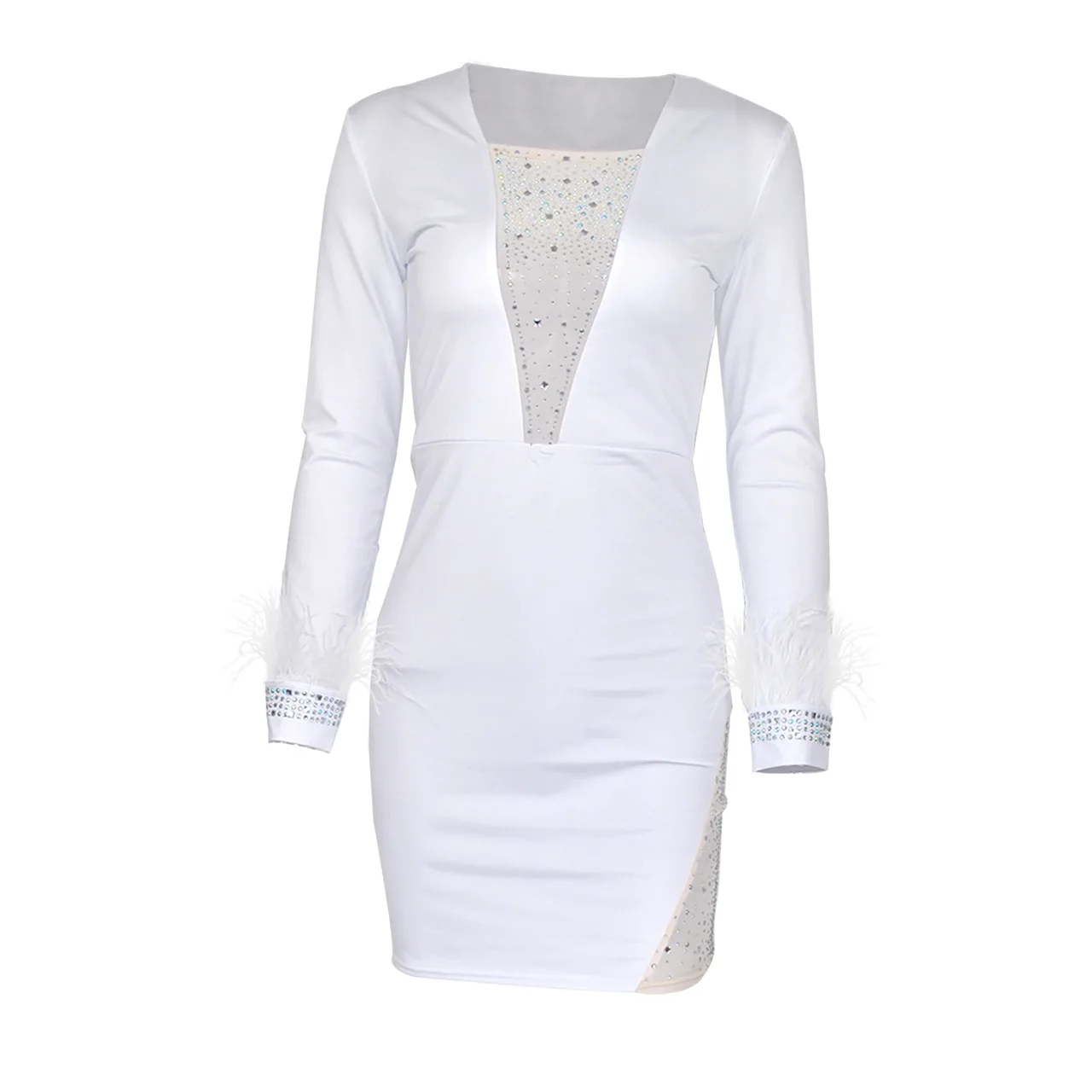 

Elegant pencil skirt women's 2021 spring slim business tight dress mesh hot drill stitching feather decoration casual dress