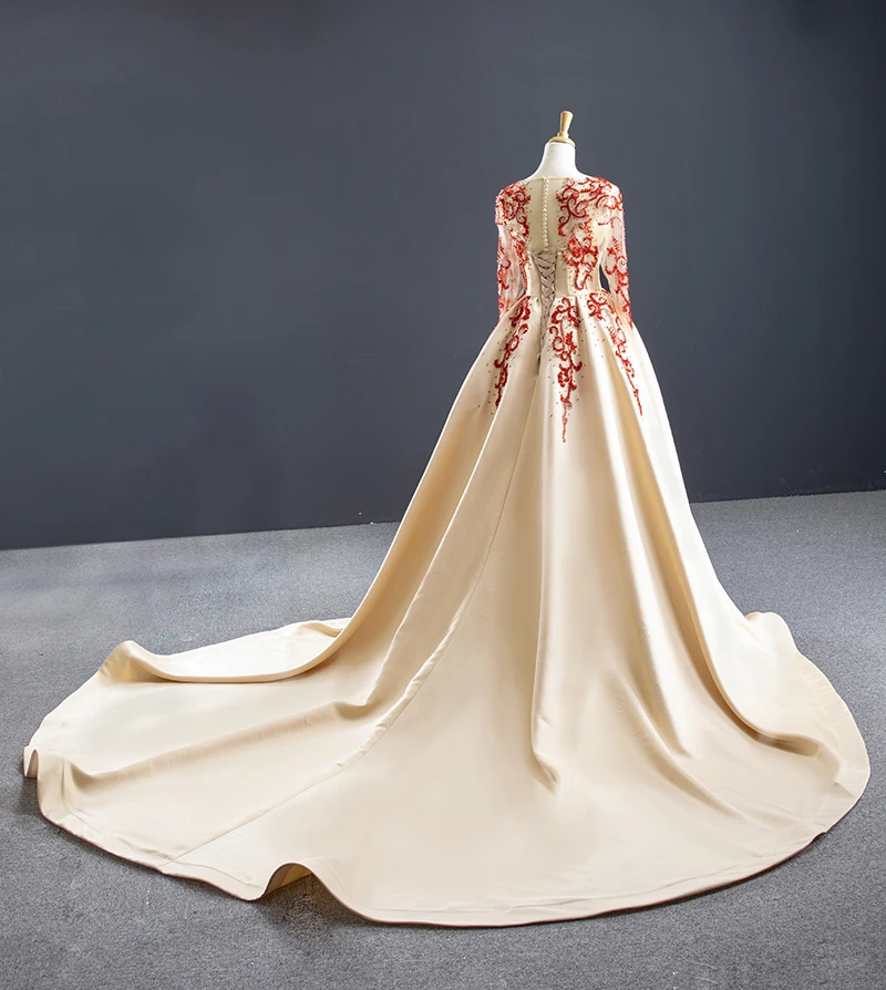 J67047 jancember champagne and red mermaid evening dress scoop full sleeve beads pattern dress long with train вечерние платья