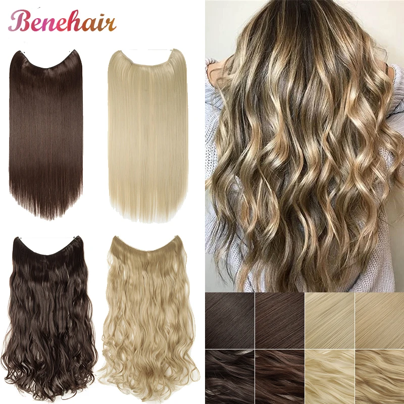 

BENEHAIR No Clips in Hair Extension 24'' Hidden Halo Fish Line Hair Invisible Wire Natural Synthetic Hair Hairpieces For Women