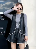 autumn spring korean style womens high quality pearls beading genuine leather short pants c674