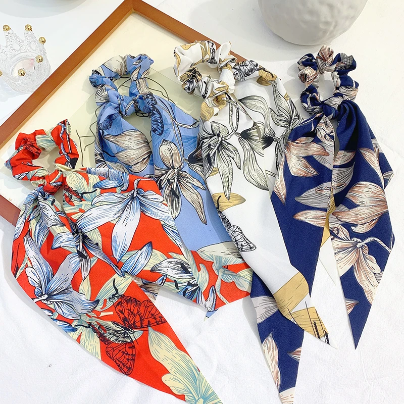 

New Satin Bowknot Elastic Hair Bands For Women Girls Print Color Scrunchies Headband Hair Ties Ponytail Holder Hair Accessorie