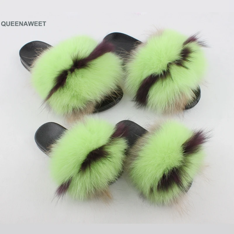 

Wholesale Fluffy Slippers Real FOX Fur Slides Indoor Flip Flops Casual Shoes For Mommy And Kids Fur Sandals Vogue