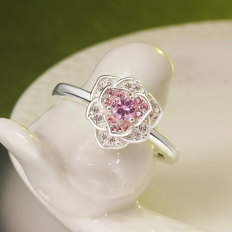 S925 Серебряная розовая роза модное милое кольцо(регулируемый размер