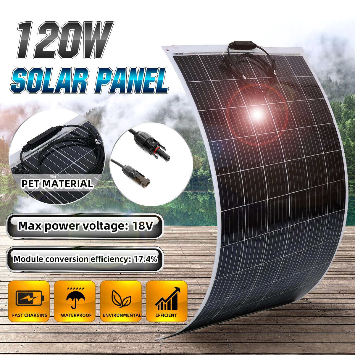 

Flexible Solar Kit Panel 120W High Efficiency 6.6A Solar Controller for Car Boat Camping RV Home Roof 12V 24V Solar Battery