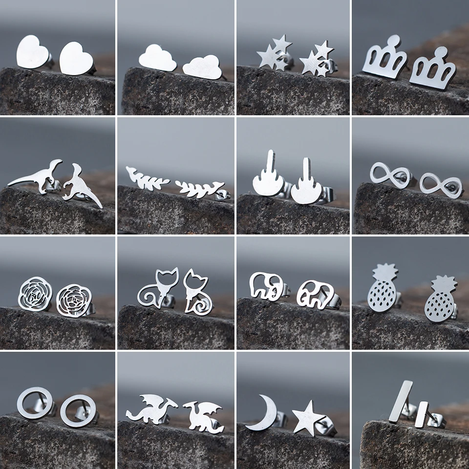 Многоцветные минималистичные серьги гвоздики из нержавеющей стали серебряного