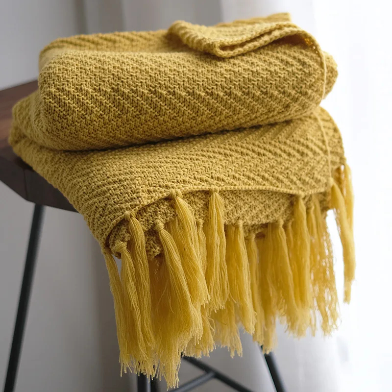 

Yellow Tassles Blankets Sofa Knit Throw Blanket Mustard Soft Fringed Blanket Travel 130*170CM Home Sofa Chair Couch Bed Rugs