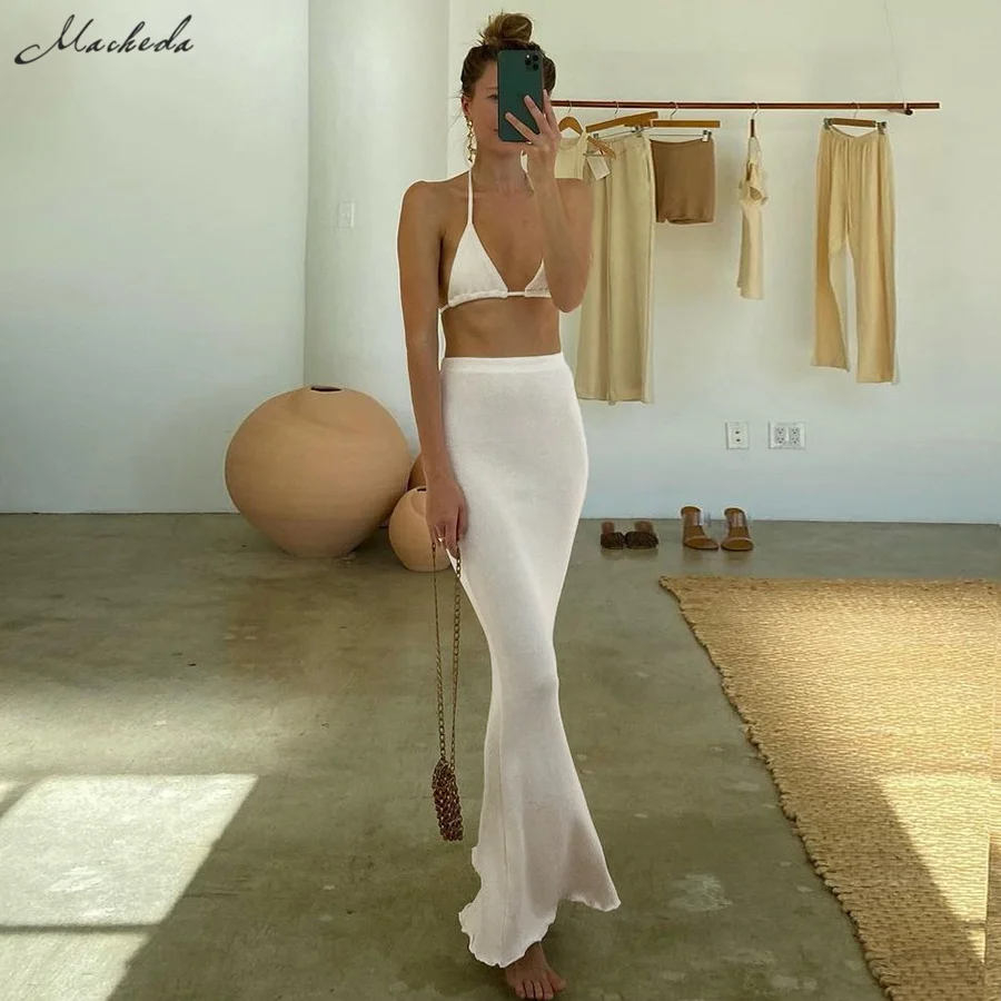 

Macheda Summer Solid Sexy Two Pieces Set Women Halter Sleeveless Crop Top And High Waist Long Skirt Lady Casual Set 2021 New