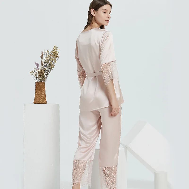 22 Momme 100% Silk Pajamas Lace Sexy Mulberry Silk Nightwear V-Neck Sleepwear Solid Color Half Loungewear Women with Belt