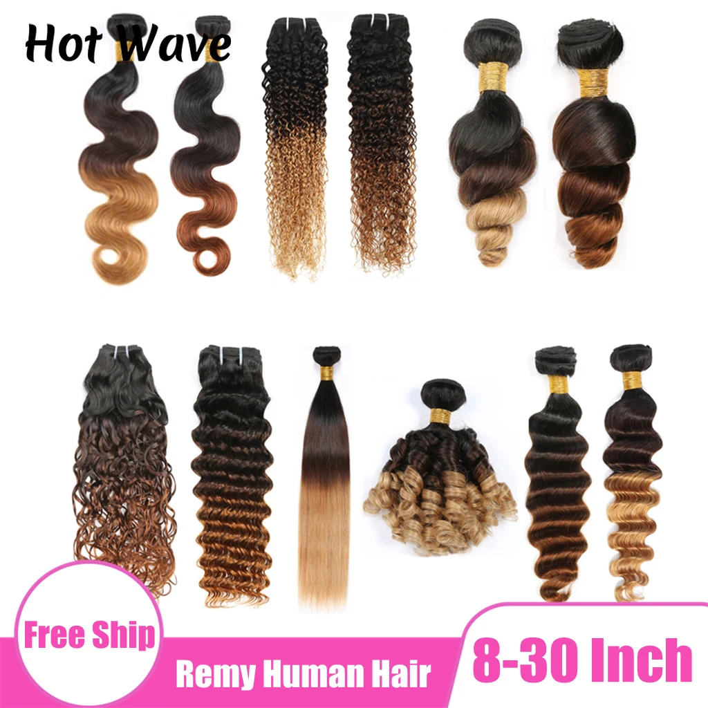 

Hot Wave Remy Human Hair Weave Bundles Extension for Women Ombre Black Brown Straight Body Water Deep Loose Bouncy Kinky Curly