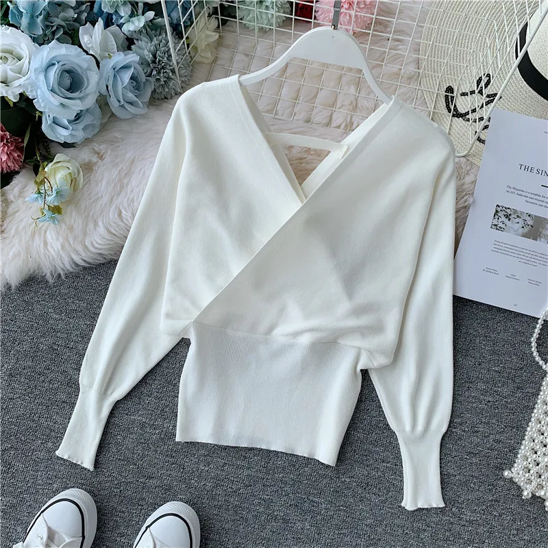 

Woman Sweater Female Tops Women's Sweaters Crossed Winter Autumn Knitted Solid V-neck Batwing Sleeve Pullovers Bottoming