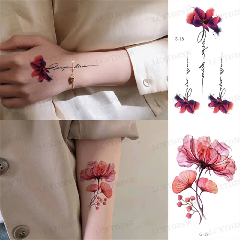 2 Pcs Waterproof Temporary Tattoo Sticker Butterfly Flash Tattoos Rose Flower Body Art Decals Arm Back Leg Fake Tattoo Women Men