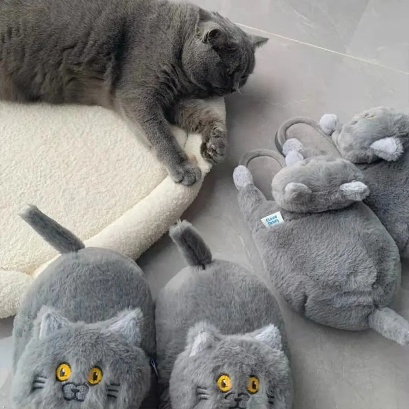 

Design Hug Plush Cat Slipper for Female Winter Cute 3D Simulation Blue Cat Indoor Slippers Women House Floor Shoes Flips