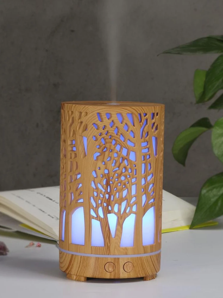 

200ml Ultrasonic Air Humidifier Forest Aroma Essential Oil Diffuser Hallow Wood Grain 7 Color LED Aromatherapy Humidificador
