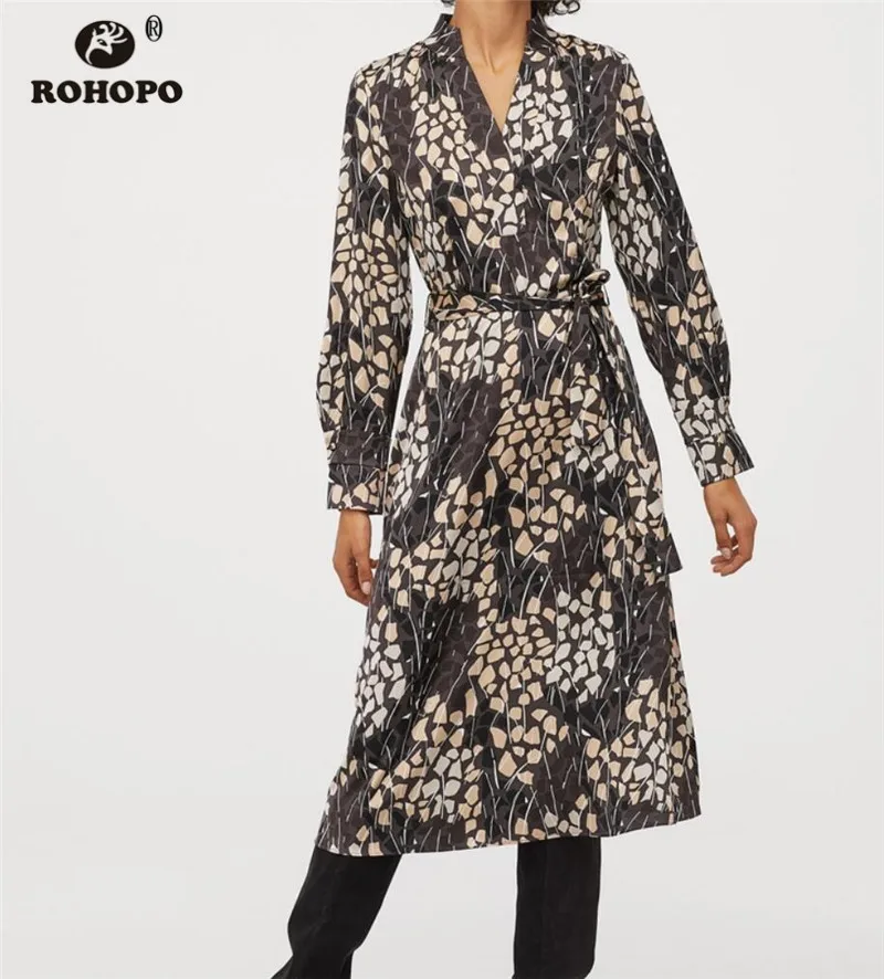 ROHOPO коричневое платье миди в стиле ретро с длинным рукавом v образный вырез бант