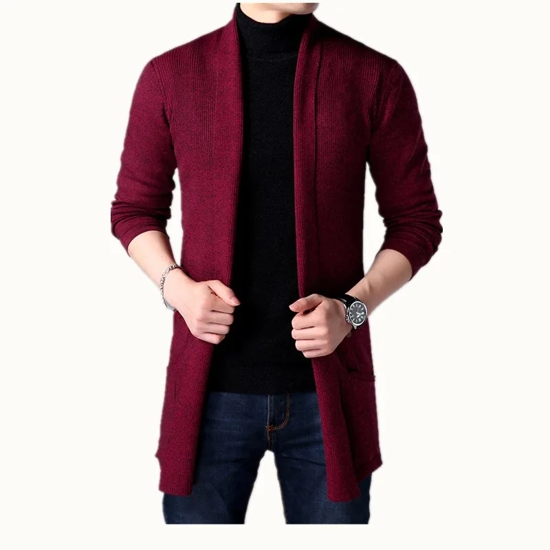 

New Men's Sweater Solid Turn-down Collar Cardigan Sweater Knitted Pocket Long Sleeve Mid-length Jacket Warm Soft Coat Men 2020