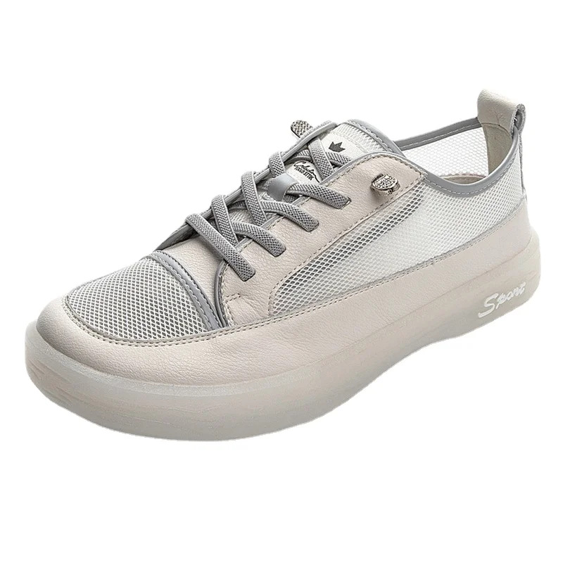

New Women's Sneakers Summer New Genuine Leather Mesh Shoes Women Breathable Lace Up Large Size Student Shoes Women