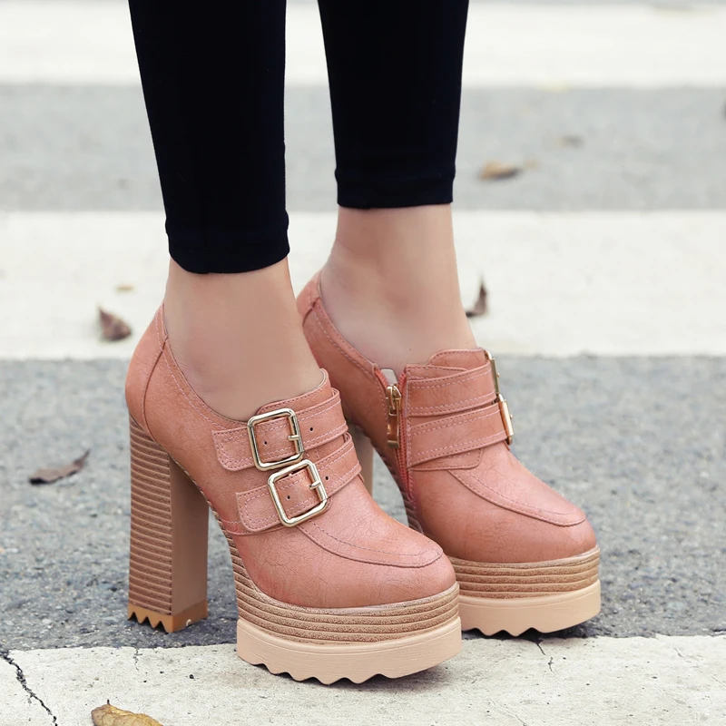 

Osunlina Woman's Platform Pumps 10.5CM High Square Heels Round Toe Buckle Thick Bottom Party Rome Retro Shoes For Lady A269