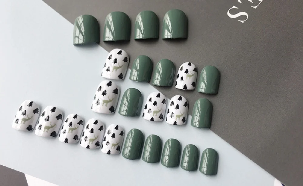 24 шт. зеленое дерево и олень поддельные накладные ногти Короткие Овальный полный