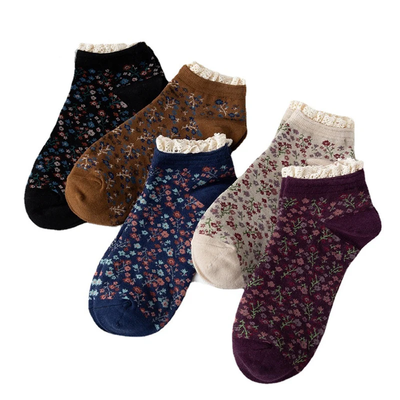 Girls Womens Korean Style Lace Vintage Nordic Flower Ethnic Floral Cotton Harajuku Novelty No Show Low Cut Socks Kawaii Spring