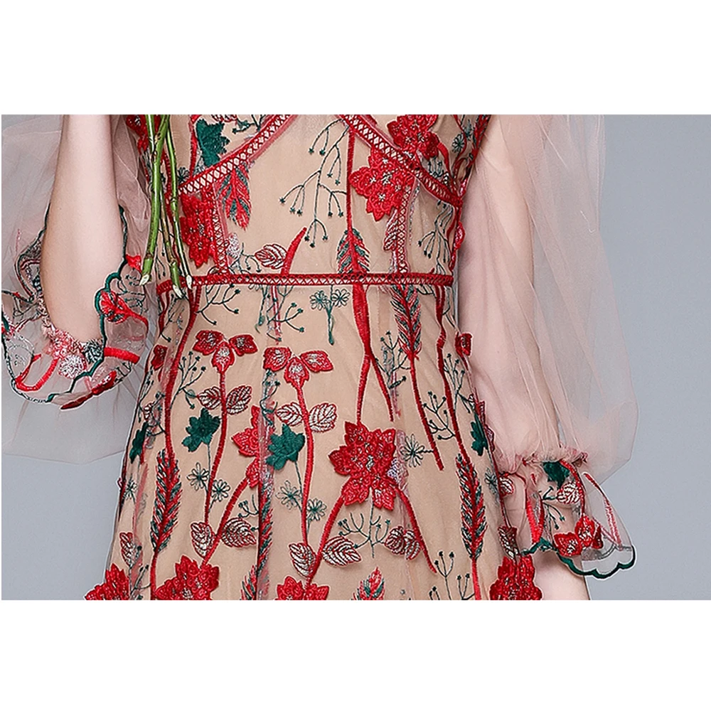 

Simgent Mesh Beach Dress Women Summer Lantern Sleeve V-Neck Floral Embroidery Maxi Long Dresses Veatidos Robe Femme SG15172